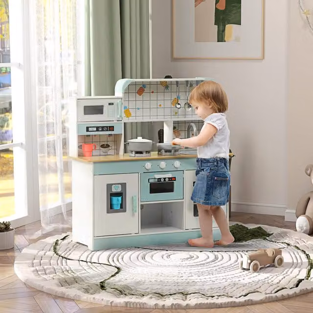 AIYAPLAY Toy Kitchen with Ice Maker and Microwave, White