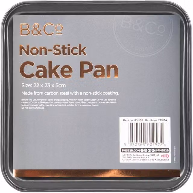 B&Co Non Stick Square Cake Tin, Silver/Grey, 23 cm