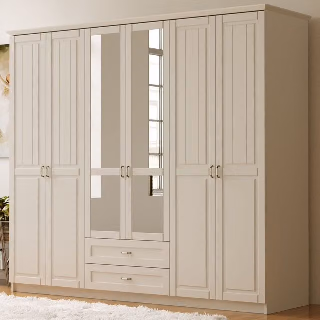 EVUHOME Charlotte 6 Door 2 Drawer Mirrored Wardrobe in White, H 210 cm x W 184 cm x D 52 cm