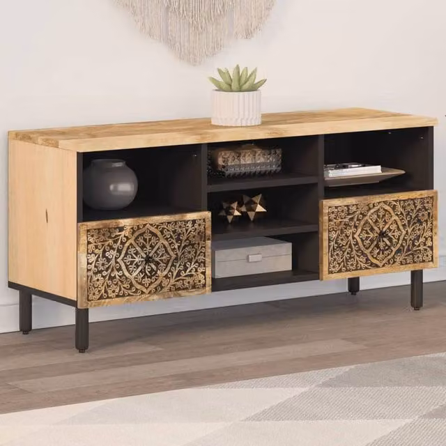 Berkfield Home Retro Mango Wood TV Cabinet in Brown, W/D/H: 100 x 33 x 46 cm – 1
