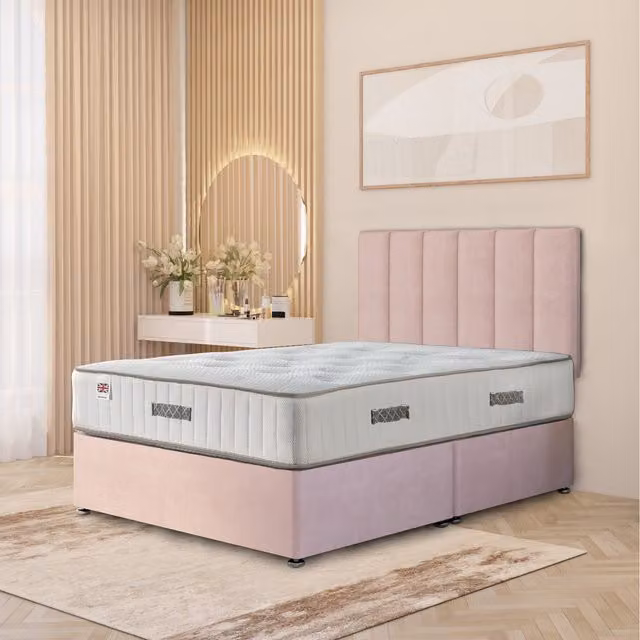 Somnior Beds Ltd Austin Plush Velvet Orthopaedic Divan Bed Set with Hybrid Mattress, Headboard and Drawers, Pink, Single