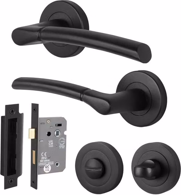 AFIT Matt Black Round Rose Bathroom Door Handle Set with WC Lock, W/D/H: 150 x 150 x 15 mm – 1