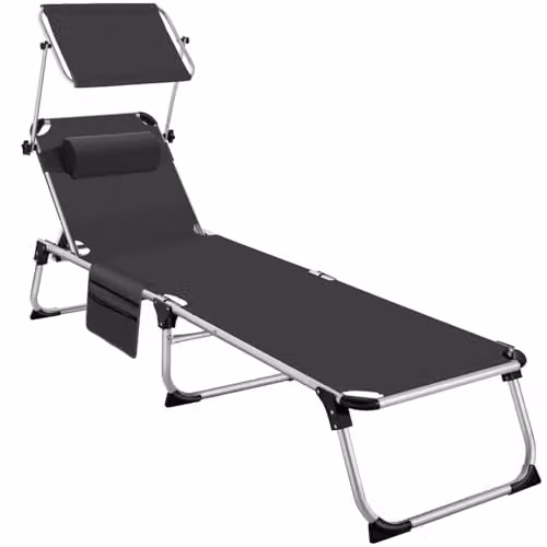tectake Black Aluminium Folding Sun Lounger with Sun Canopy and Adjustable Headrest – 1