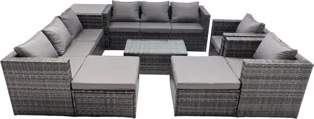Fimous 10-Seater Patio Coffee Table Sofa Set with 2 Large Stools and Side Table in Dark Grey