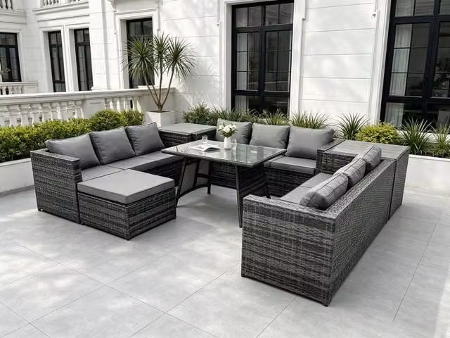 Fimous 10 Seater Dark Grey PE Rattan Outdoor Lounge and Dining Set with Dining Table and Side Tables – 1