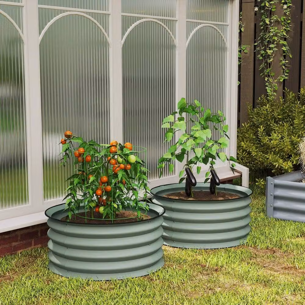 VOGREX Set of 2 Green Metal Raised Garden Bed Planter Boxes with Safety Edging, W/D/H: 60 x 60 x 30 cm – 4