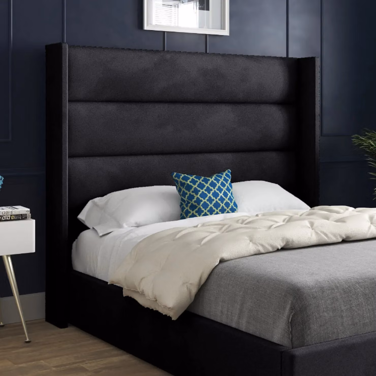KDMD Nuno Straight Winged Upholstered Velvet Bed Frame in Black, Size: 140 x 200 cm – 2