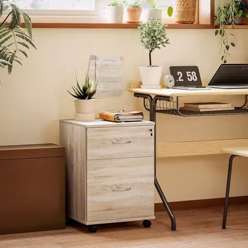 HOMCOM 2 Drawer Lockable Mobile Office Filing Cabinet in Oak Wood Grain, Brown – 2
