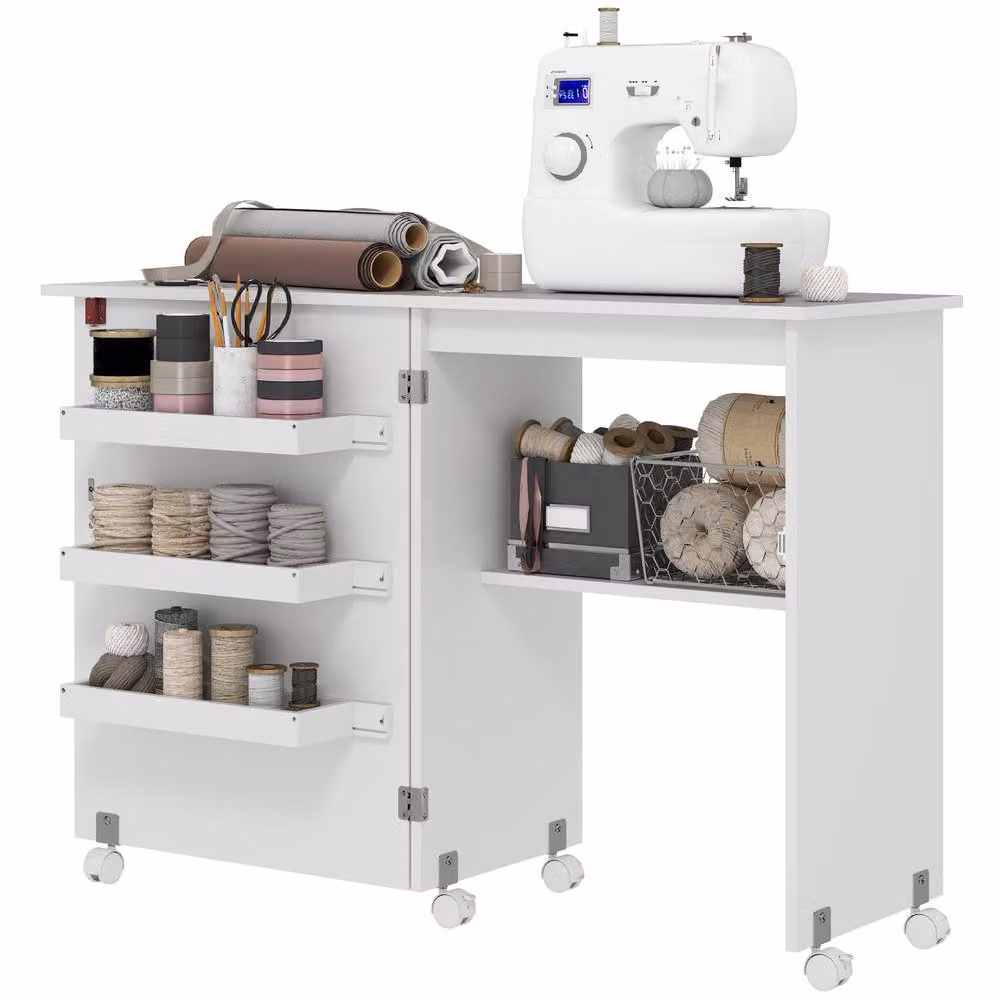 STILVORA Folding Sewing Table with Storage and Castors in White – 3