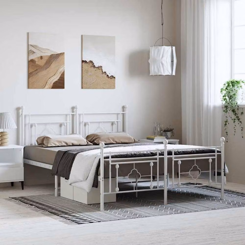 Berkfield Home Metal Bed Frame with Footboard, White, W: 193 cm, D: 203 cm – 2