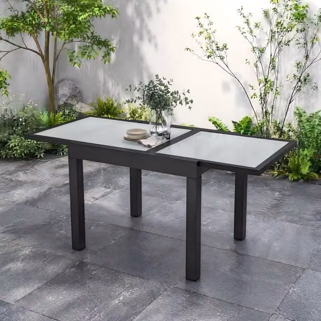 STILVORA Extendable Outdoor Dining Table with Aluminium Frame and Glass Top, Grey, W/D/H: 160 x 80 x 75 cm