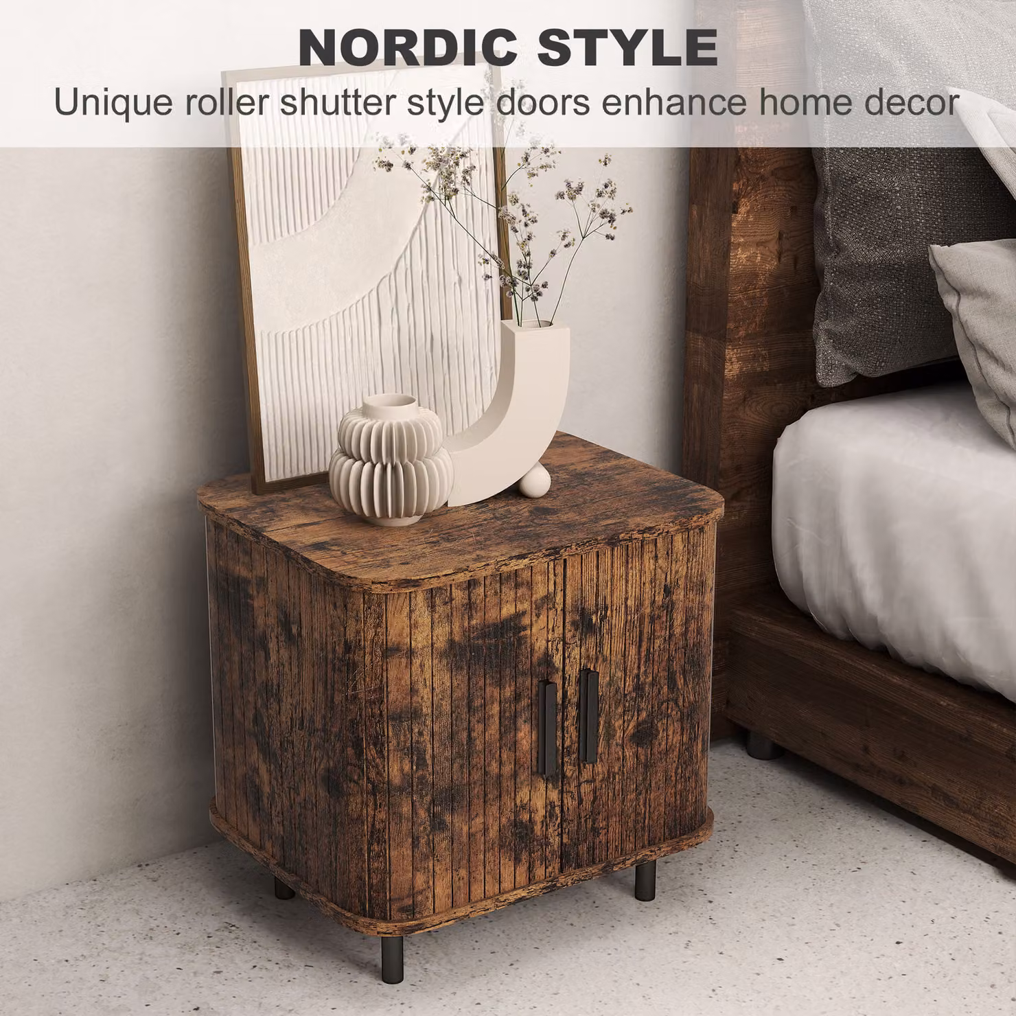 HOMCOM Nordic Bedside Table with Roller Shutter Sliding Doors and Metal Legs in Rustic Brown – 3