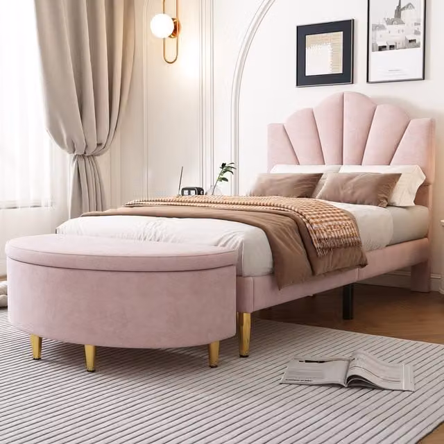 Matteo Single Luxurious Velvet Upholstered Bed with Storage Bench in Pink and Gold, W/D/H: 90 x 200 cm – 1