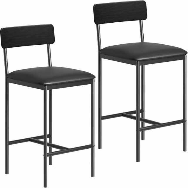 London Boutique Set of 2 Upholstered Counter Height Bar Stools in Black Synthetic Leather