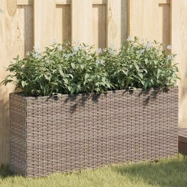 Berkfield Home Garden Planters with 2 Grey Poly Rattan Pots, W/D/H: 90 x 20 x 40 cm