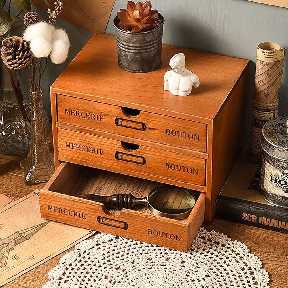 NESTLUNE 3-Tier Solid Wood Desktop Storage Box with Drawers and Handles, Brown – 2