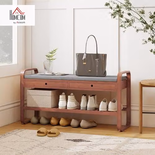 HOMCOM Shoe Bench with 2 Drawers in Brown and Grey, W: 105 cm, D: 33.2 cm, H: 55 cm – 2
