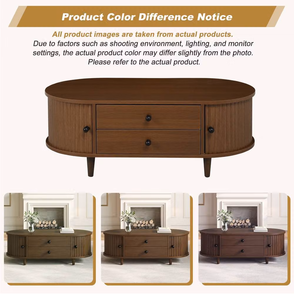 Merax Walnut Oval Wooden Coffee Table in Brown with Fluted Sliding Doors and Drawers – 4