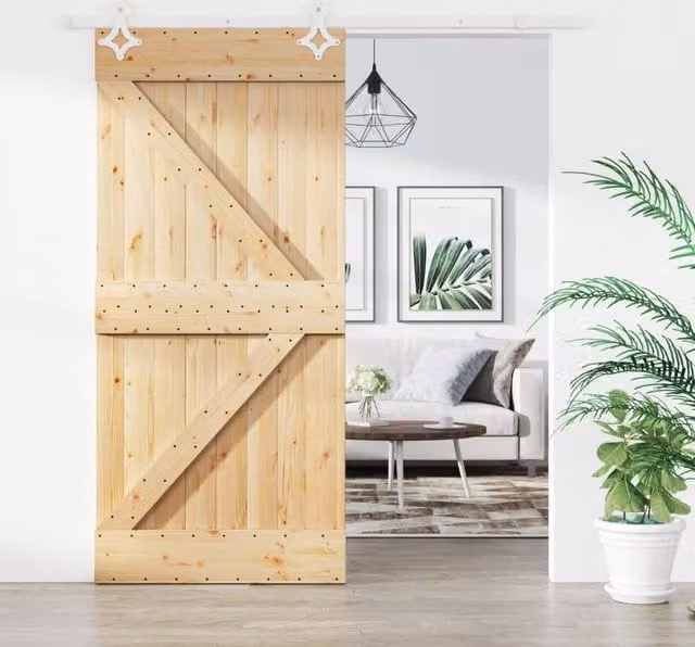 Berkfield Home Rustic Solid Wood Pine Sliding Door with Hardware Set in Brown, W: 95 cm, H: 210 cm