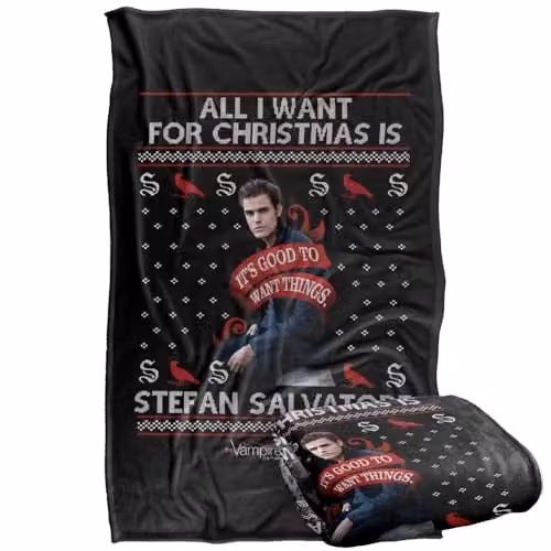 LOGOVISION The Vampire Diaries All I Want For Christmas Is Stefan Salvatore Super Soft Silky Touch Fleece Throw Blanket, W: 91 cm, D: 147 cm