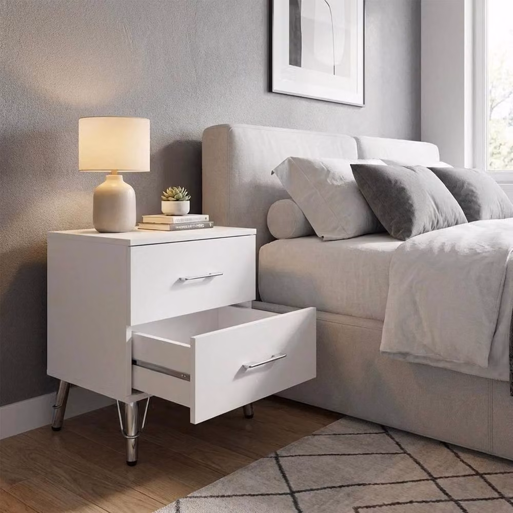 FORGEVIO Modern 2 Drawer White Bedside Chest with Polished Metal Handles and Legs – 2