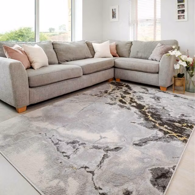 The Rug House Modern Textured Stone Look Marble Area Rug in Grey, W: 170 cm, D: 120 cm