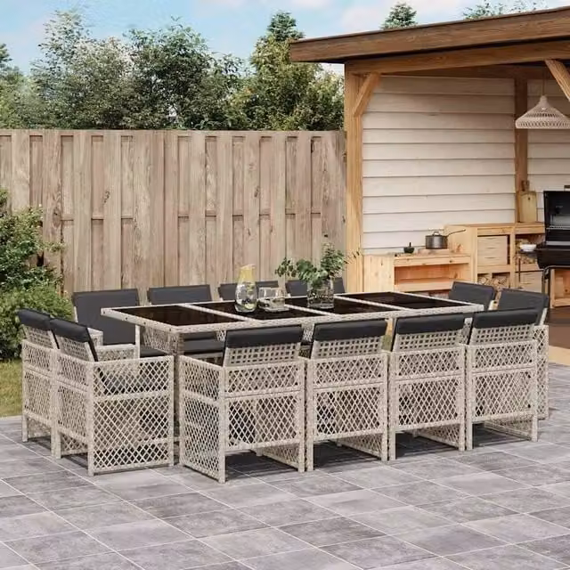 Berkfield Home 13 Piece Light Grey Poly Rattan Garden Dining Set with Cushions