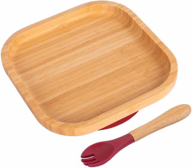 Tiny Dining Bamboo Square Baby Weaning Plate and Fork Set, Red