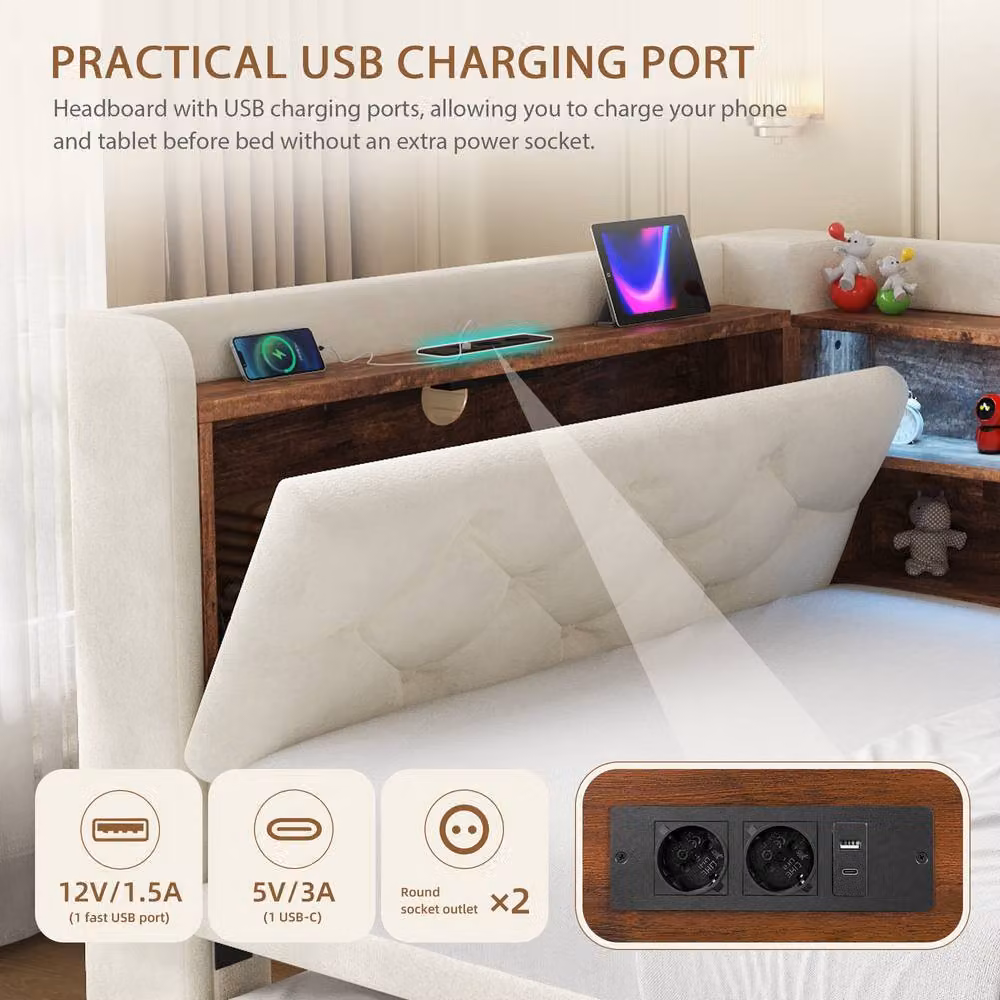 BTM Single Velvet Pull-Out Daybed with LED Lighting, USB Charging Port and Bedside Shelf in Beige, W/D/H: 90 x 190 x 84 cm – 3