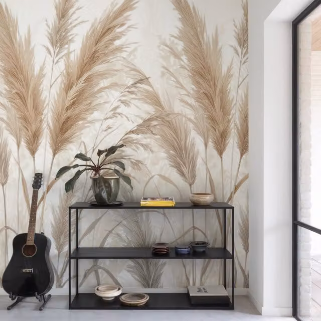 Grandeco Evita Pampas Grasses 3 Lane Repeatable Wallpaper Mural in Beige and Brown