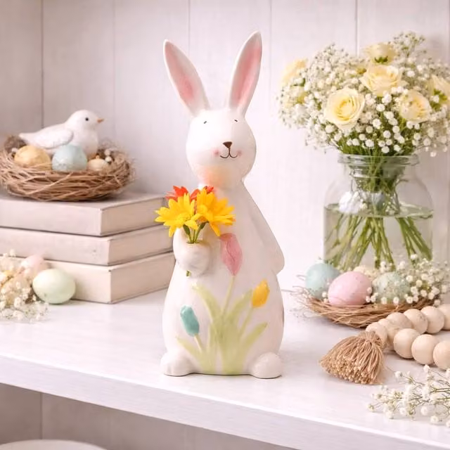 Eggs-traordinary Gift Co. Ceramic Bunny Holding Flowers, White and Multicolour, Height: 24 cm