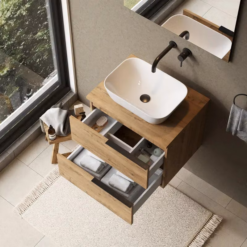 Banyetti Celtic Wall Hung Bathroom Vanity Unit with Matching Worktop in Ostippo Light Oak, W: 60 cm, D: 48 cm, H: 45 cm – 3