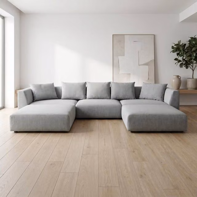 Abakus Direct Tokyo U-Shape Modular Sofa in Anthracite Grey Fabric with Bamboo and Rattan Details