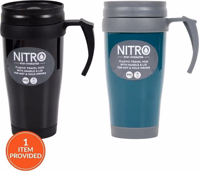 Nitro Double Walled Plastic Travel Mug with Lid, Green and Black, 400 ml