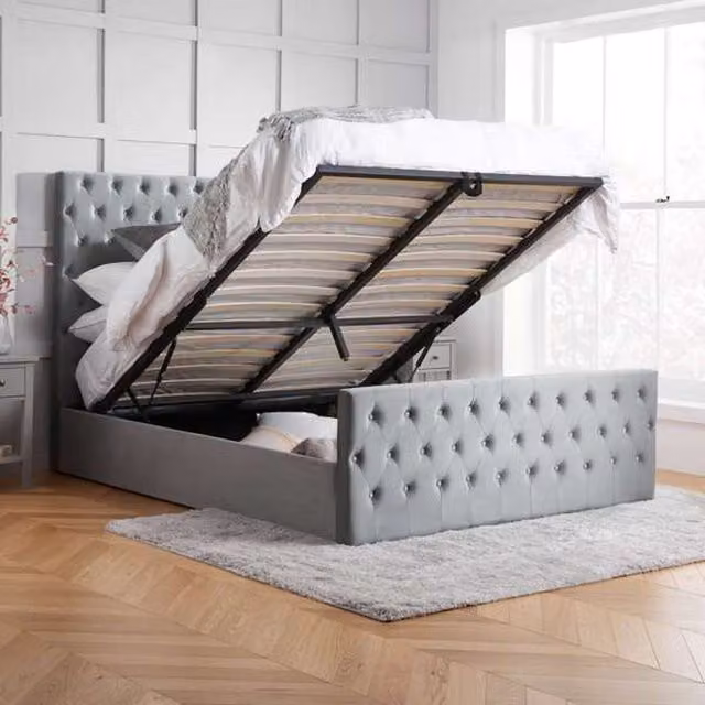 Birlea Marquis Grey Velvet Upholstered Chesterfield Ottoman Bed, W: 140 cm, L: 200 cm