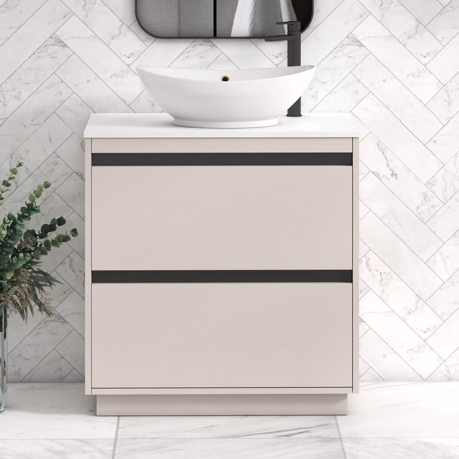 Royal Bathrooms Orion 800mm Warm Taupe Floor Standing 2 Drawer Vanity Unit with Amaze Basin and Black Accent Trim