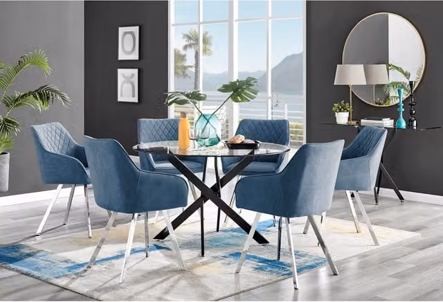 FurnitureboxUK Novara Round Glass Dining Table with Black Leg and 6 Falun Blue Chairs with Silver Legs