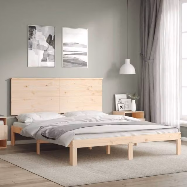 Berkfield Home Beautiful King Size Solid Wood Bed Frame with Headboard in Brown, W/D/H: 153.5 x 153.5 x 82.5 cm – 1