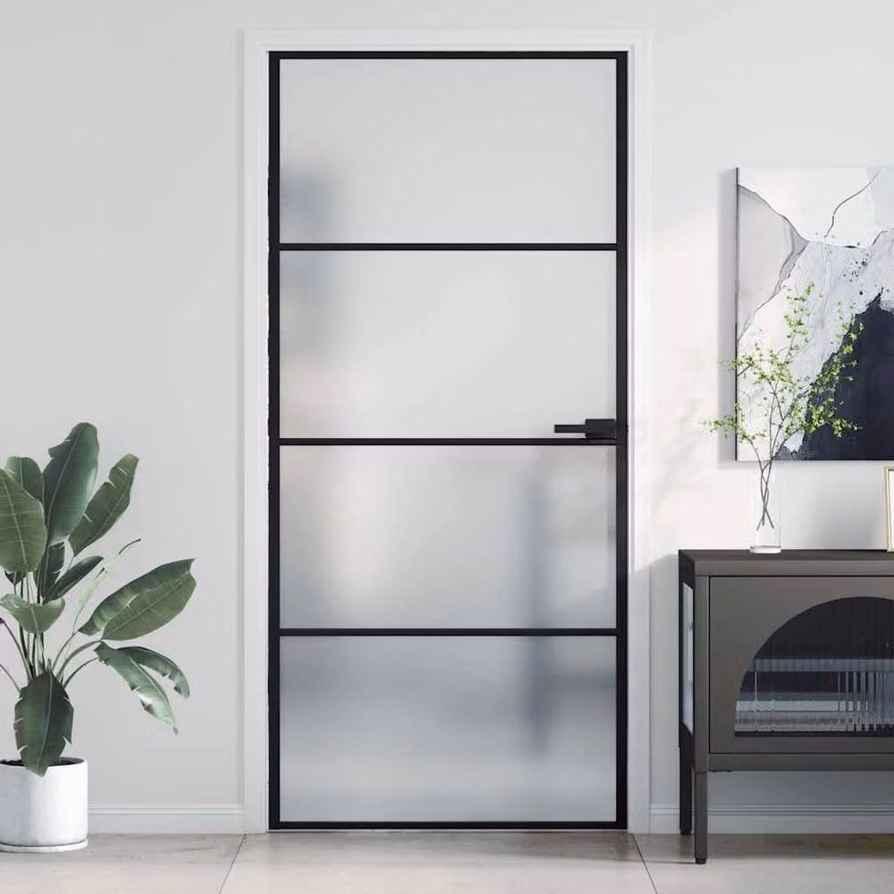 Berkfield Modern Slim Interior Door in Black with Tempered Glass and Aluminium, W: 93 cm, H: 201.5 cm – 2
