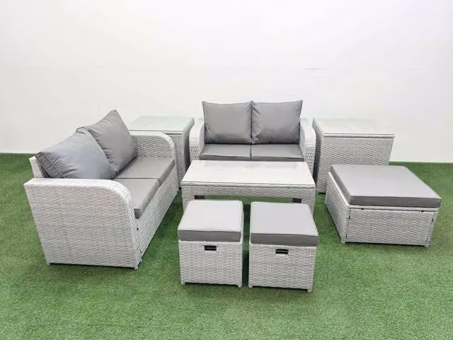 Fimous 7 Seater Rattan Garden Furniture Set in Light Grey with Oblong Coffee Table, 3 Footstools and 2 Side Tables