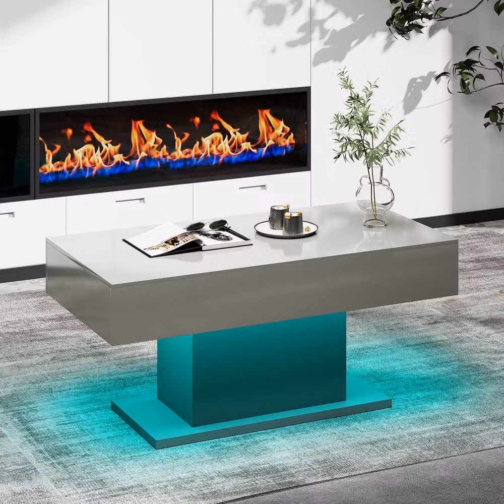 KEEPREAPER High Gloss Rectangular Coffee Table with 16-Colour LED Light in Grey – 2
