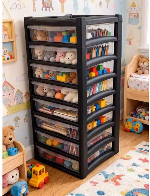 FORGEVIO 8 Tier Shallow Plastic Chest in Black and Transparent, Width: 50 cm