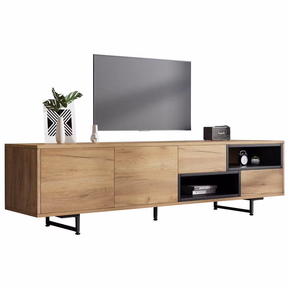 BTM TV Cabinet with Storage Drawers, Doors and Open Shelves in Natural Wood Finish, W: 173.0 cm, H: 48.0 cm, D: 38.0 cm – 3