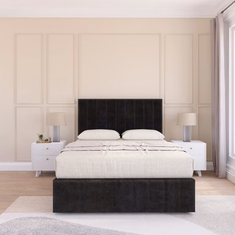Sloomy California Chesterfield Divan Bed Base and Headboard in Black Velvet, W/D/H: 140 x 200 cm