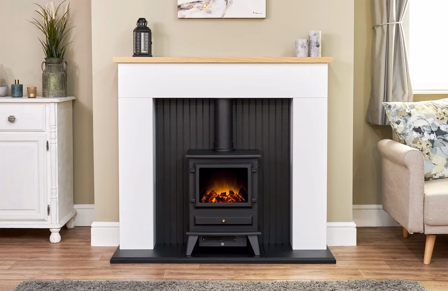 Adam Fires & Fireplaces Innsbruck Stove Fireplace in Pure White with Hudson Electric Stove in Black – 3