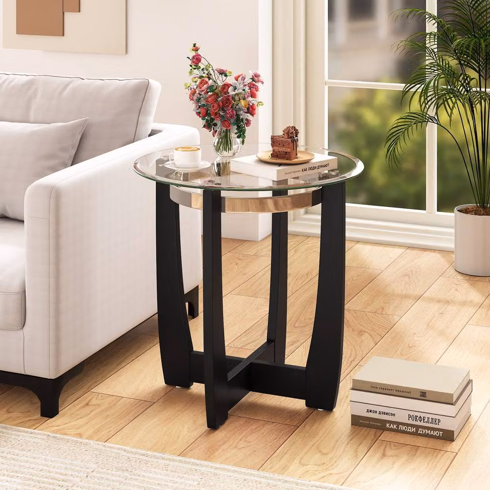 Costway Round End Table with Tempered Glass Top and Rubberwood Frame in Black, Diameter: 61 cm – 4