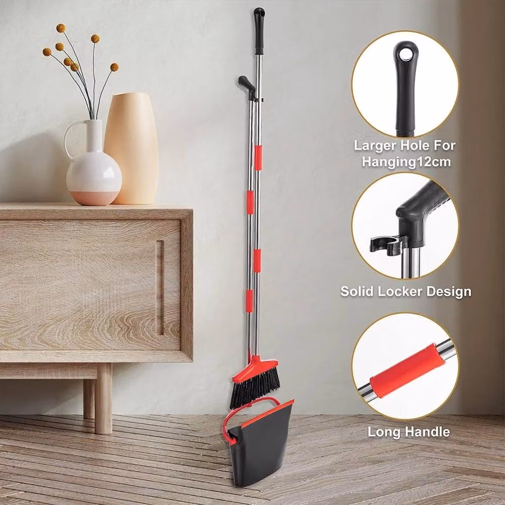 Ventryn Dustpan and Brush Set with Long Aluminium Handle and Red Plastic Broom – 5