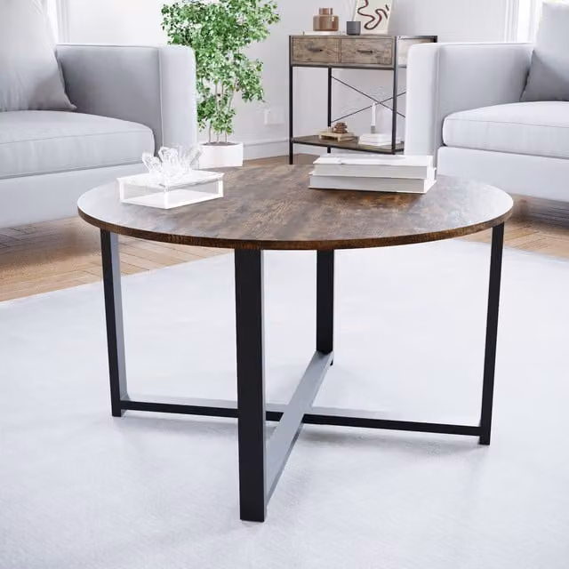 Vida Designs Brooklyn Round Coffee Table in Brown Wood and Metal