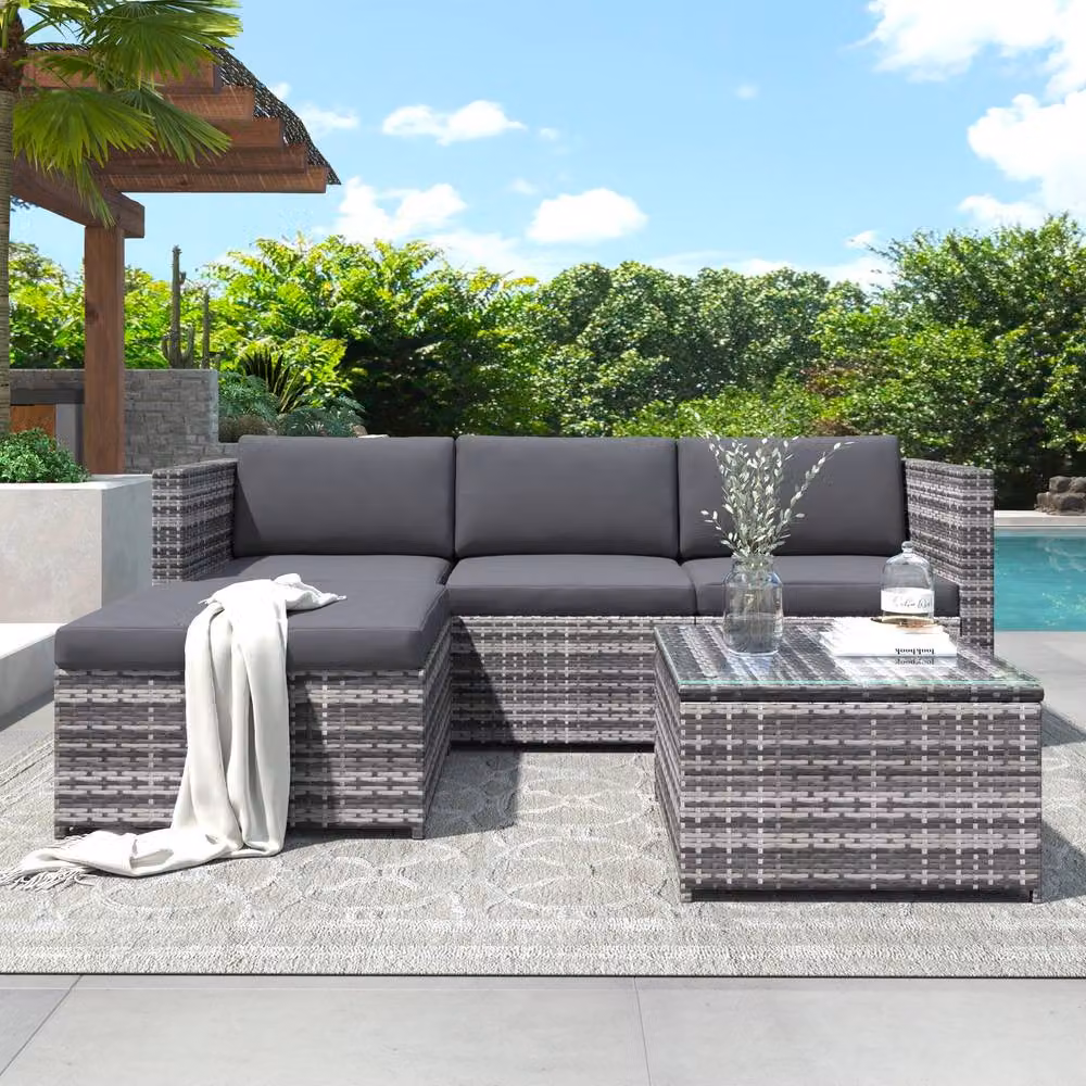 Tokpiedi Modern L-Shape Outdoor Rattan Wicker Patio Sofa Set with Coffee Table and Matching Ottoman in Grey – 2