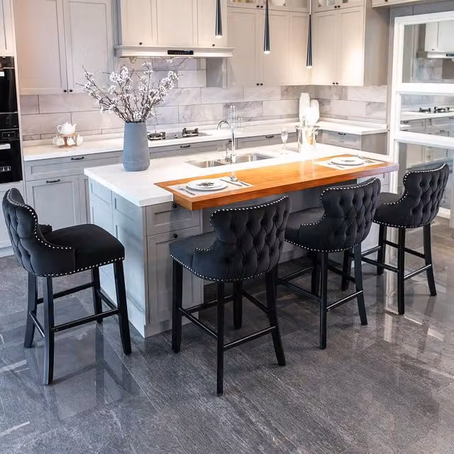Modern Home Touch Set of 6 Black Velvet Wing Back Bar Stools with Oak Wood Legs